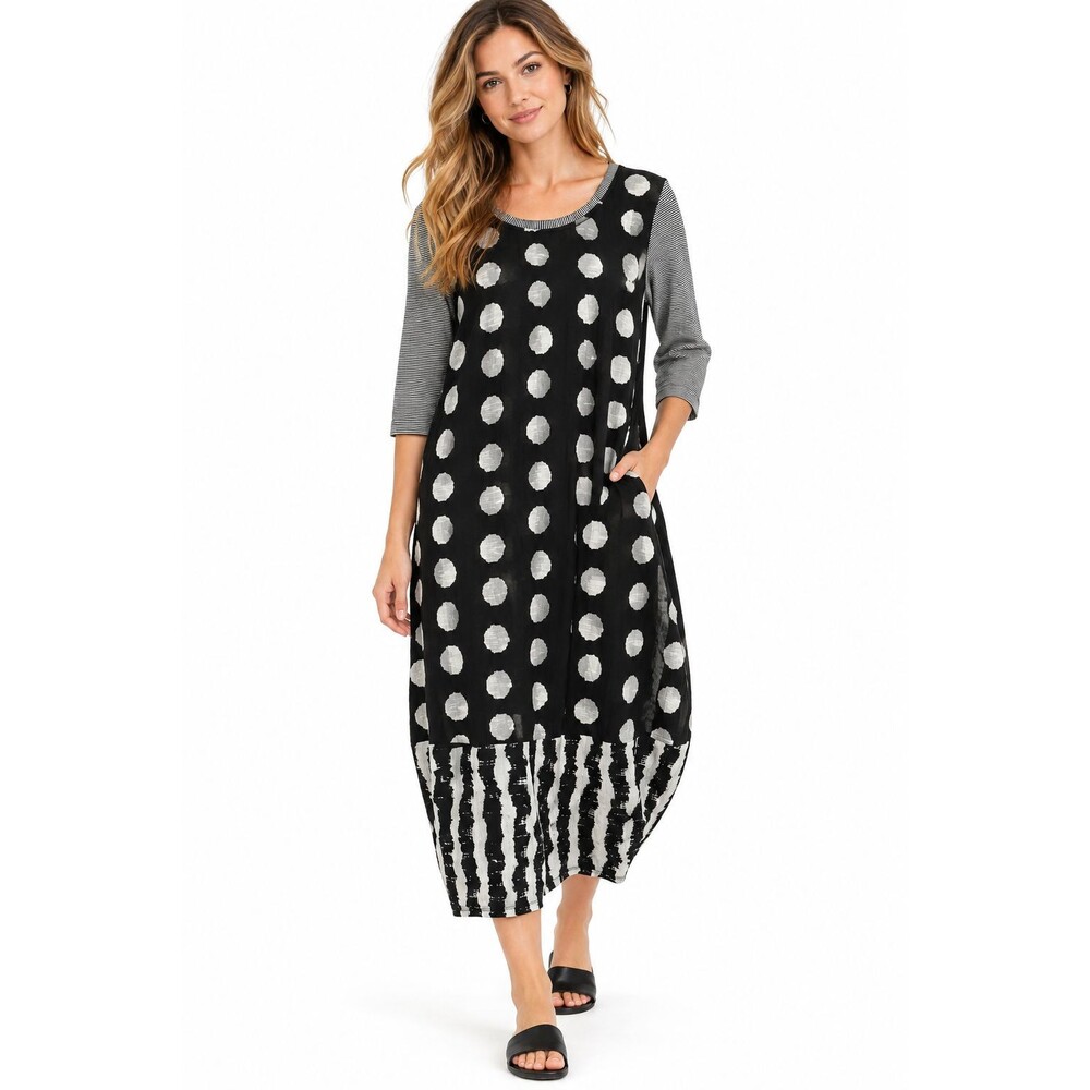 Alembika Duet Crinkle Cocoon Dress Size 6 8 (1) Charcoal Dot Stripe Pocket Artsy